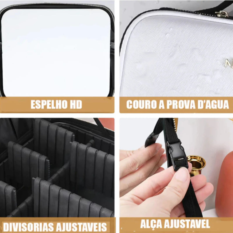 Kit Profissional Estojo de Maquiagem com Espelho LED USB com Organizador Prático e Cabo para Cosméticos e Acessórios de Maquiagem