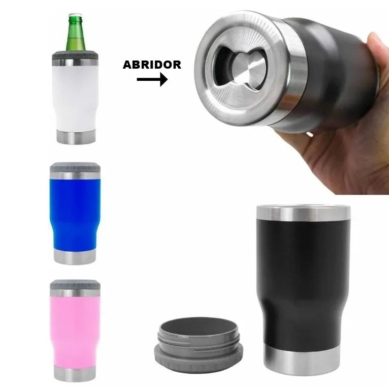 Copo Térmico com 5 opção em 1 (Latinha/Barrigudinha/Long Neck/Lata Alta 400 mL) Com abridor Porta Cerveja Garrafa