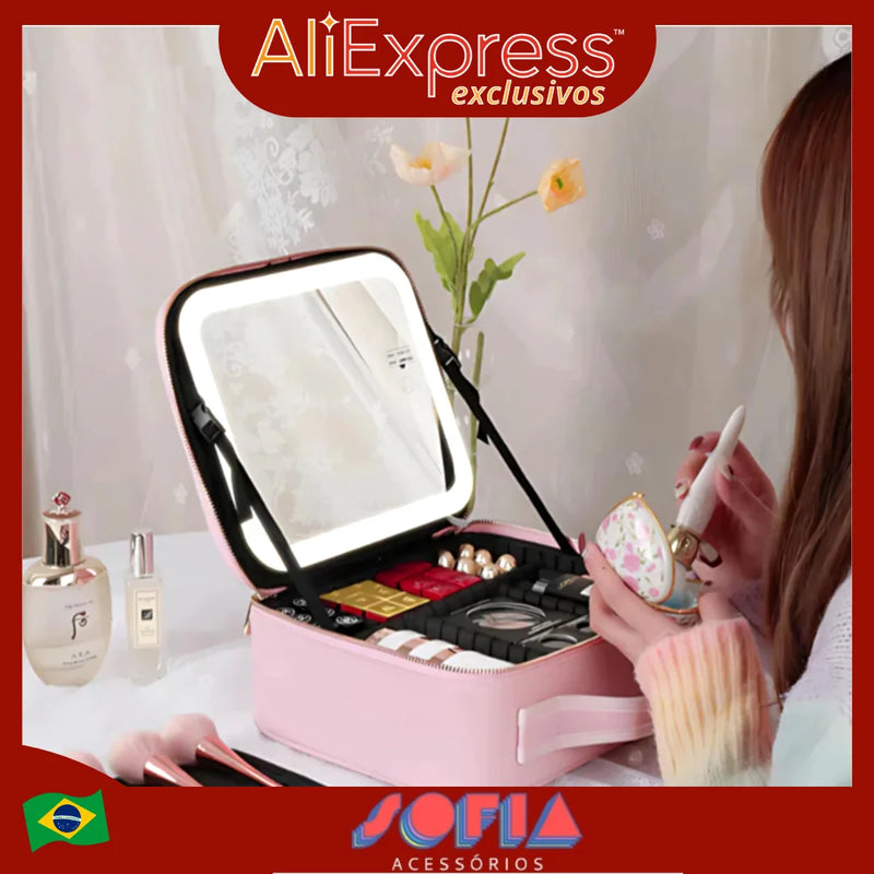 Kit Profissional Estojo de Maquiagem com Espelho LED USB com Organizador Prático e Cabo para Cosméticos e Acessórios de Maquiagem