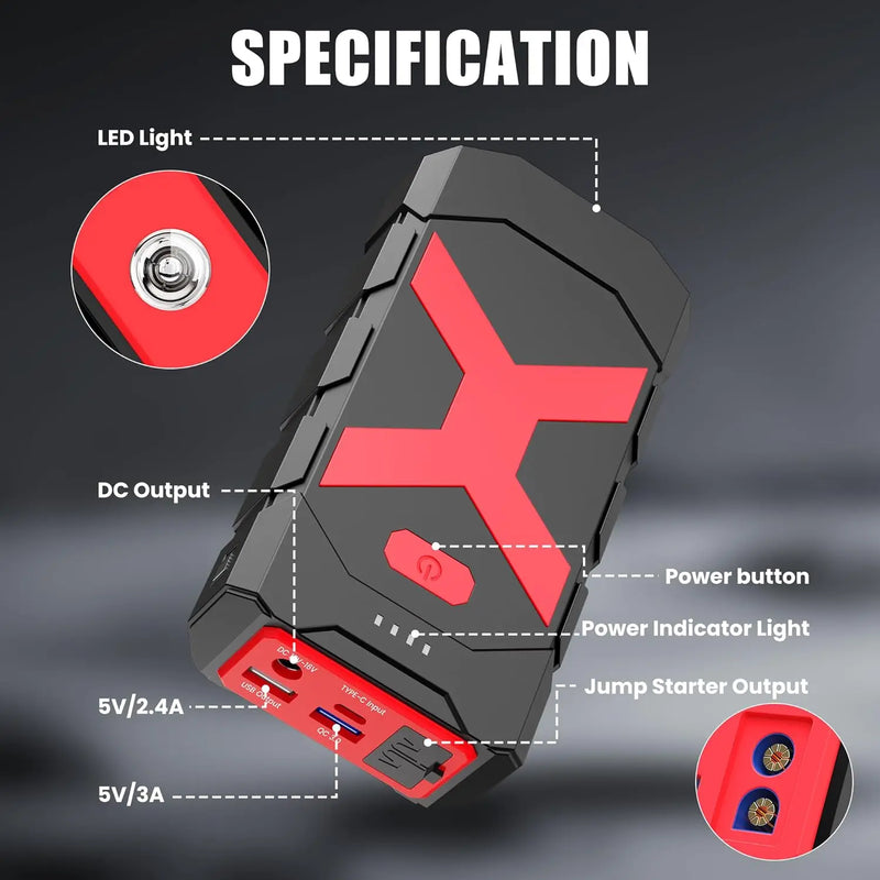 Jump Starter 2000A para Carro Barco Cortador de Grama 8.0L Gasolina 6.5L Diesel Portátil 12V Carregador de Bateria