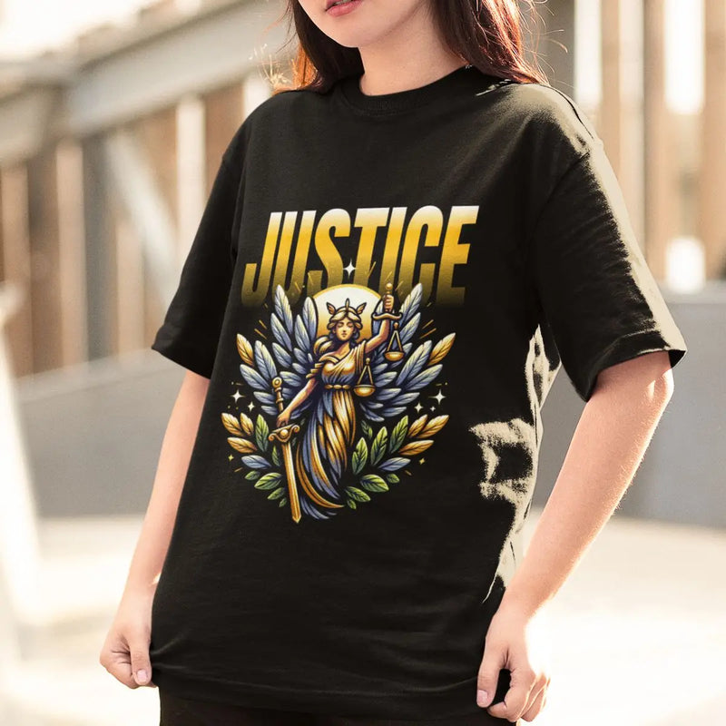 Camiseta Feminina GuGi – Algodão, Estampa Deusa da Justiça com Espada e Balança, Casual e Fashion
