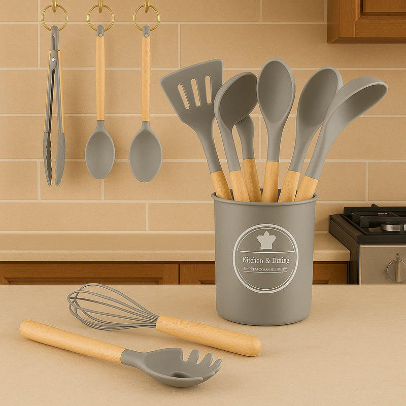 Kit de Utensílios de Cozinha Silicone com Cabo de Madeira Suporte para Colher Espátula Pegador Concha Escova de Cozinha Antiaderente