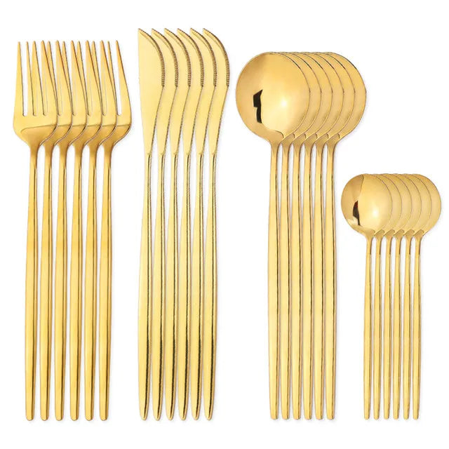 Conjunto de Talheres 24 Peças em Aço Inox Dourado – Faca, Garfo e Colher – Estilo Moderno Clássico para Cozinha e Mesa