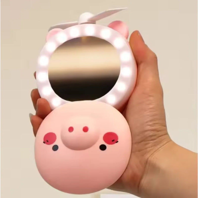 Espelho de Maquiagem Portátil com Luzes LED Piggy com Mini Ventilador Recarregável USB Espelho Cosmético Novo Verão