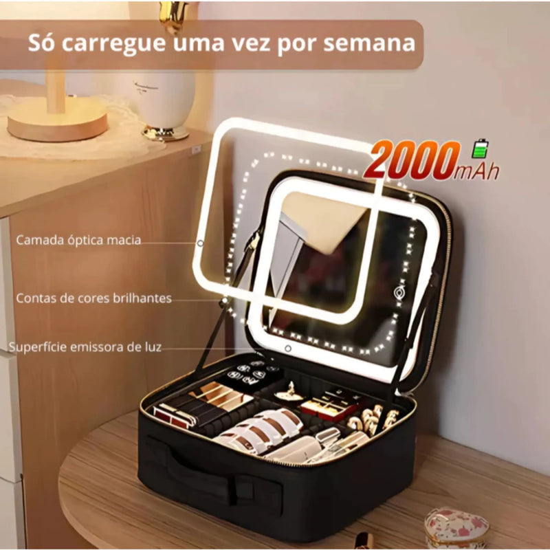 Kit Profissional Estojo de Maquiagem com Espelho LED USB com Organizador Prático e Cabo para Cosméticos e Acessórios de Maquiagem