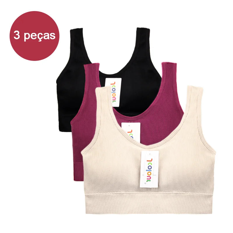 Kit com 3 Itens – Sutiã Sem Costura, Top Esportivo Push-Up, Lingerie Feminina, Poliéster, Respirável e Confortável