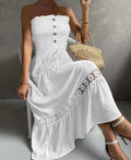 Vestido Feminino 2025 – Verão, Nova Moda, Cor Lisa, Estilo Tomara que Caia, Detalhe em Renda Frufru na Manga, Casual, Maxi Dress para Dia a Dia e Férias