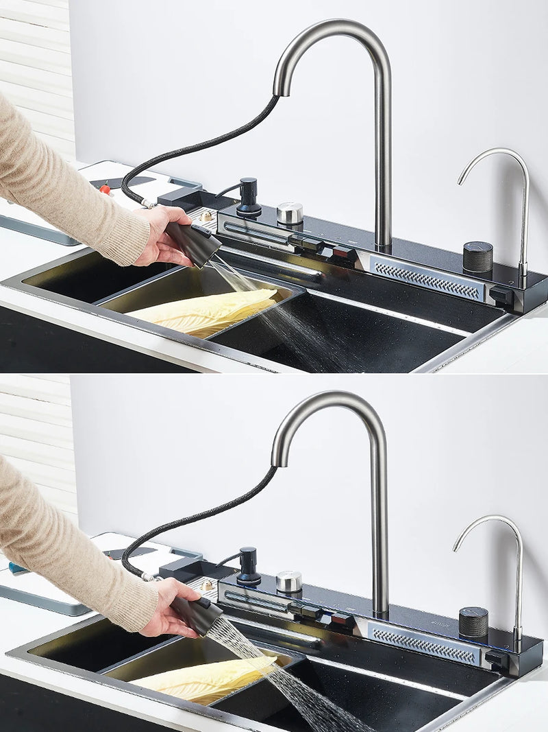 Pia de Cozinha em Aço Inoxidável 304 com Efeito Cascata, Cubo Único Grande, Torneira com Display Digital Integrado, Dosador de Sabão e Lavador de Copos