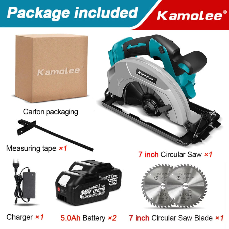 Serra Circular Elétrica Kamolee – 7 polegadas  21V / 6.0Ah / 6000mAh – Para Uso Doméstico e DIY Compatível com baterias de 18V e 21V