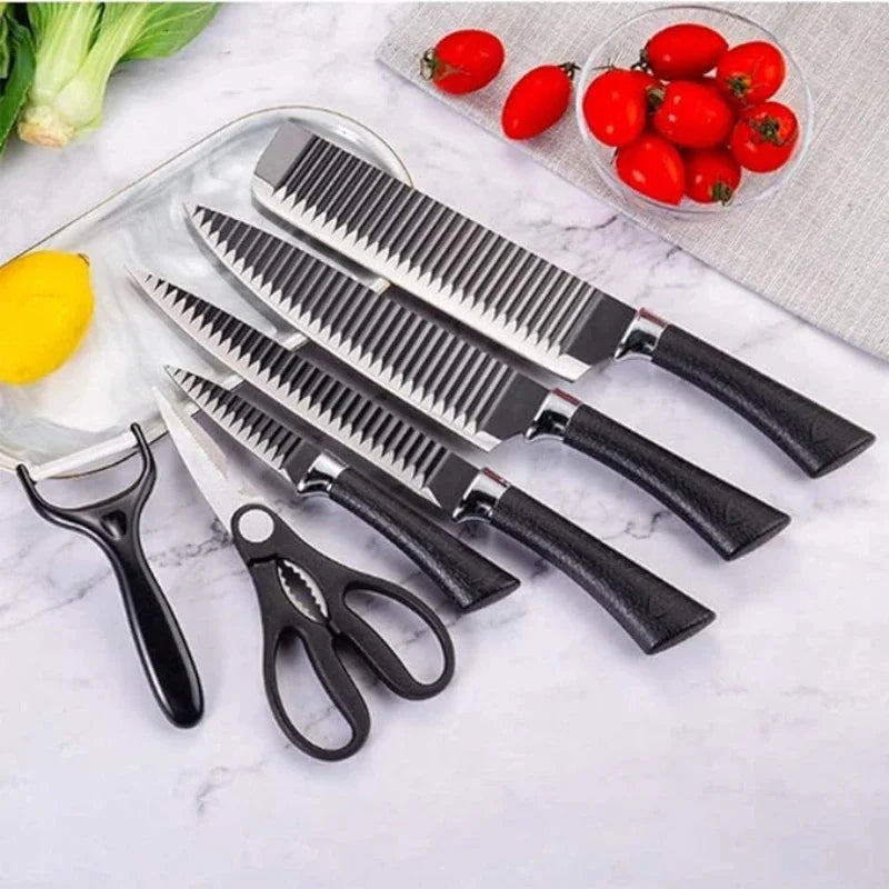 Conjunto de Ferramentas 6 Peças – Facas Black Wave em Aço Inoxidável: Faca de Chef e Faca para Frutas