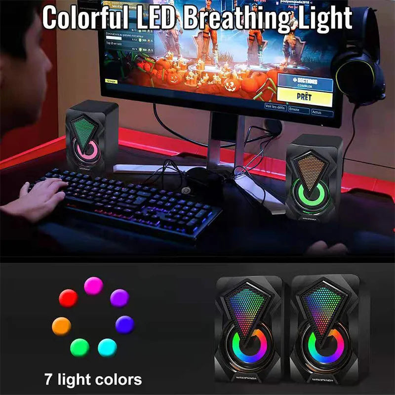 Caixa de Som Estéreo Surround com Luzes RGB  Para Desktop, Laptop e PC – Subwoofer USB Alimentado