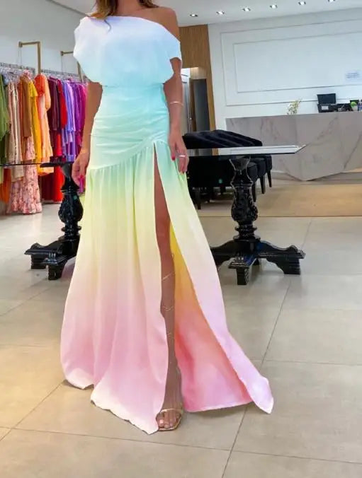 Vestido Feminino 2025 – Verão, Nova Moda, Cor Lisa, Ombro a Ombro, Manga Curta, Franzido, Cintura Alta, Casual, Sexy, Fenda Alta, Vestido para Férias