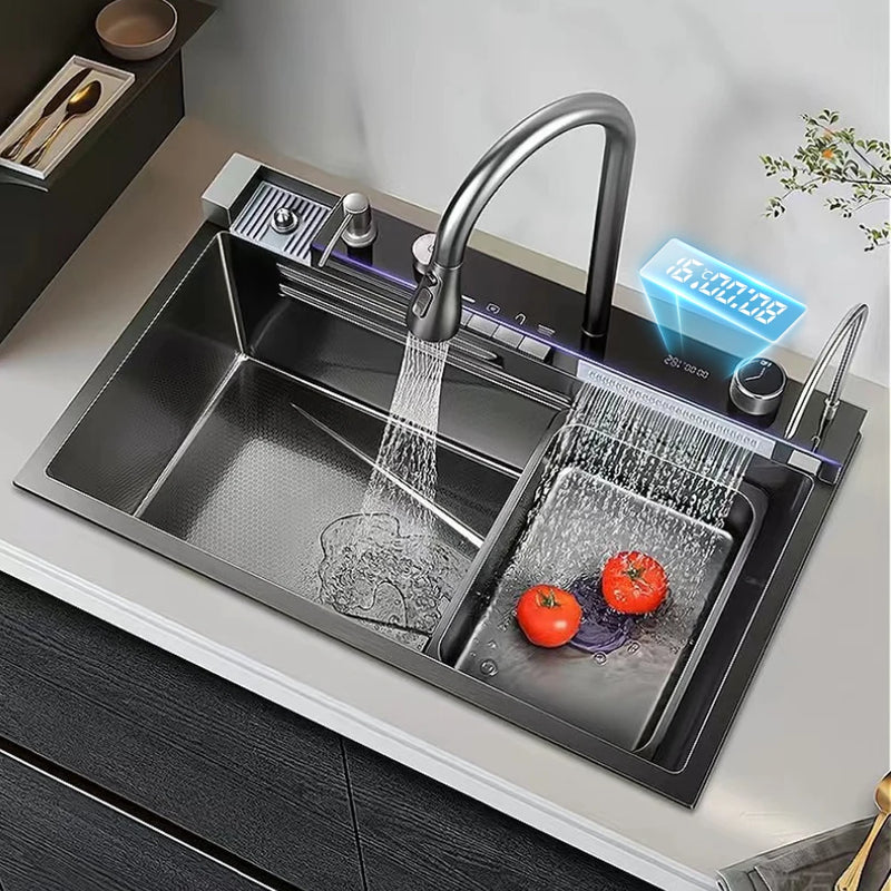 Pia de Cozinha em Aço Inoxidável 304 com Efeito Cascata, Cubo Único Grande, Torneira com Display Digital Integrado, Dosador de Sabão e Lavador de Copos