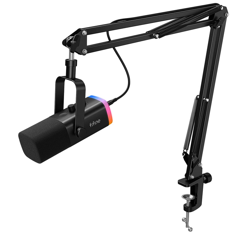 Kit de Microfone Dinâmico FIFINE AM8T XLR – Com Braço Articulado, RGB, Controle de Volume, USB, Para PC e PS4/PS5