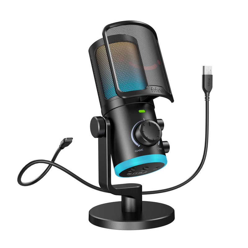 Microfone USB Gamer FIFINE AM6 – Condensador com Cancelamento de Ruído, RGB, Botão de Ganho e Balanço, Ideal para Streaming e Podcast