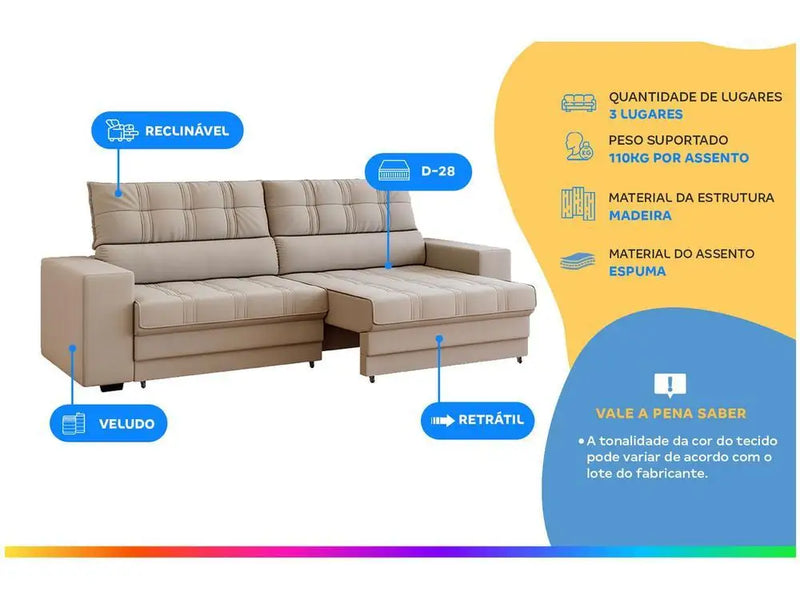 Sofá Retrátil 3 Lugares Miami em Veludo Azul Estofado