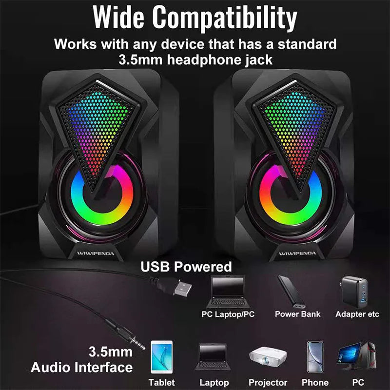 Caixa de Som Estéreo Surround com Luzes RGB  Para Desktop, Laptop e PC – Subwoofer USB Alimentado