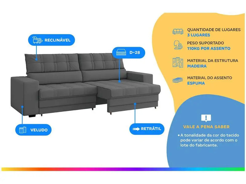 Sofá Reclinável Retrátil 3 Lugares em Veludo Medellín Besthouse