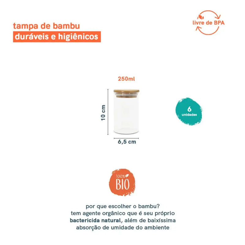 Conjunto com 6 Potes de Vidro Herméticos com Tampa de Bambu – 250 ml OIKOS