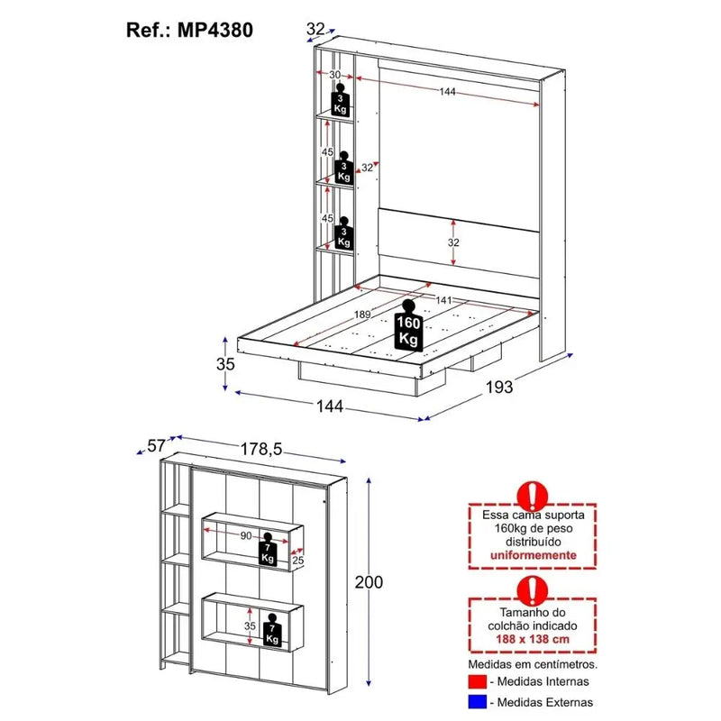 Cama de Casal Articulada para Colchão 138x188cm Multifurniture MP4380