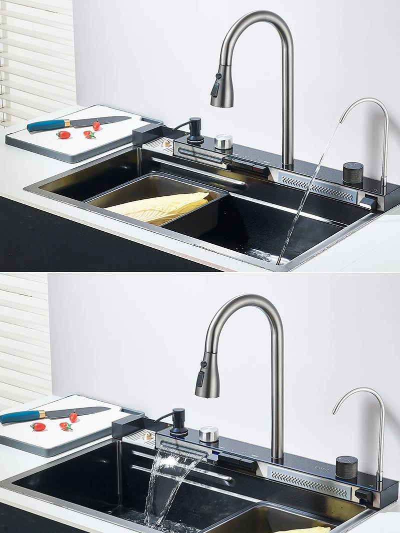 Pia de Cozinha em Aço Inoxidável 304 com Efeito Cascata, Cubo Único Grande, Torneira com Display Digital Integrado, Dosador de Sabão e Lavador de Copos