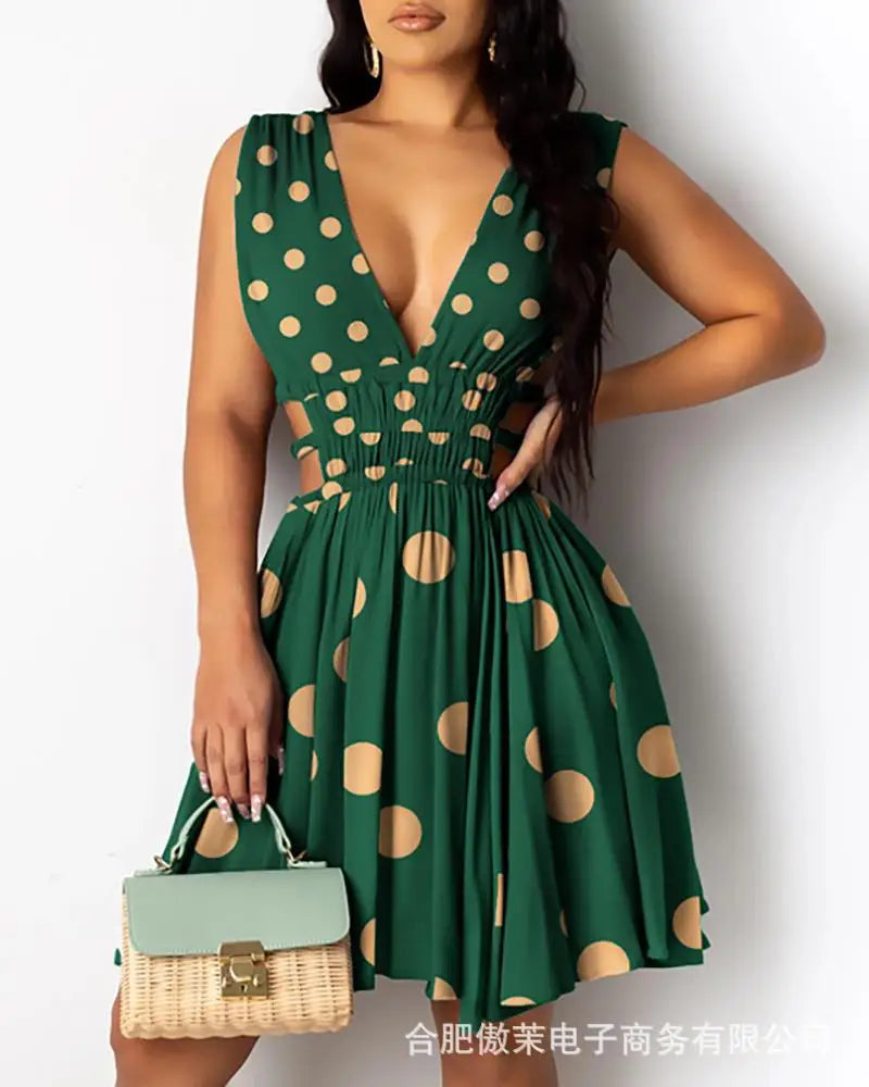 Vestido Feminino 2025 – Verão, Nova Moda, Decote V, Estampa de Bolinhas, Sem Mangas, Cintura Vazada, Casual, Mini Vestido para Dia a Dia e Férias