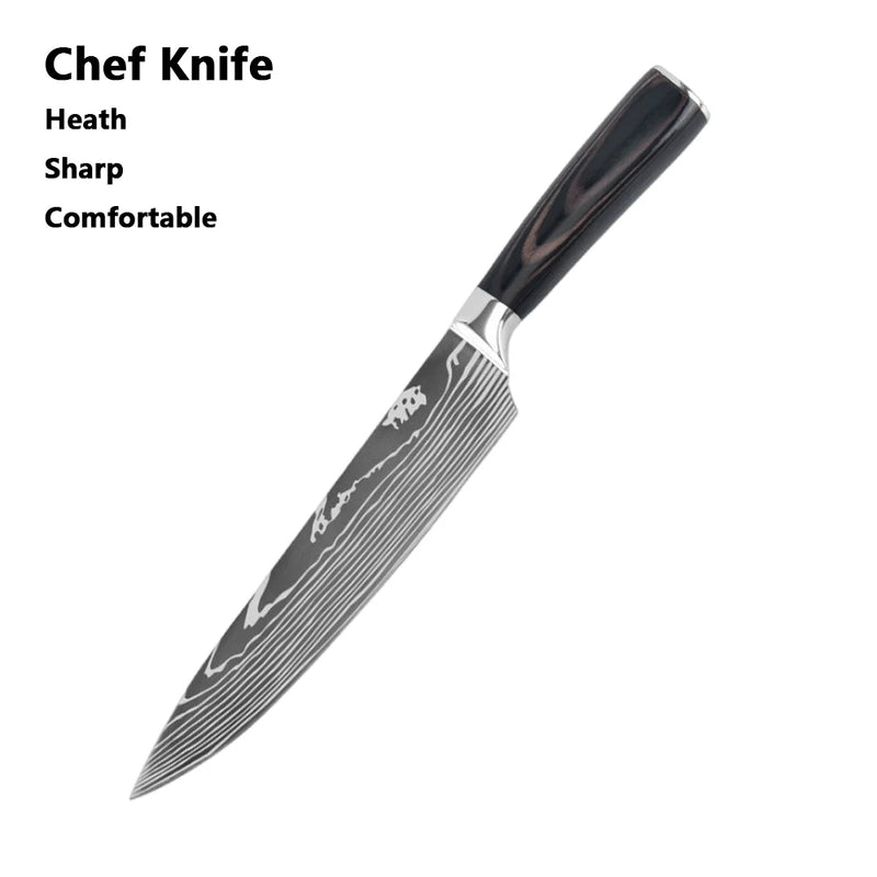 Conjunto de Facas de Chef 1 a 10 Peças – Facas de Cozinha com Padrão Laser Damascus, Faca Japonesa Santoku Afiada, Cutelo, Fatiadora e Utilitária