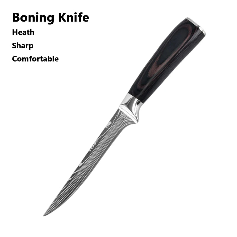 Conjunto de Facas de Chef 1 a 10 Peças – Facas de Cozinha com Padrão Laser Damascus, Faca Japonesa Santoku Afiada, Cutelo, Fatiadora e Utilitária