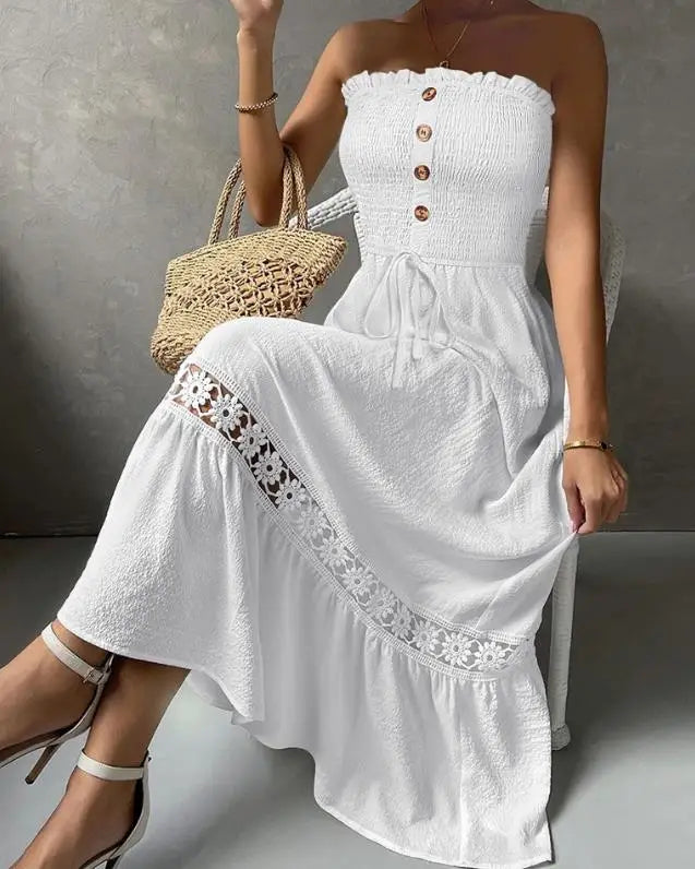 Vestido Feminino 2025 – Verão, Nova Moda, Cor Lisa, Estilo Tomara que Caia, Detalhe em Renda Frufru na Manga, Casual, Maxi Dress para Dia a Dia e Férias