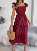 Saia Longa Feminina 2025 – Verão, Cor Lisa, Decote Quadrado, Borda Tipo Cogumelo, Cintura Ajustada, Modelo A-Line, Vestido Elegante Justo tipo Camisola