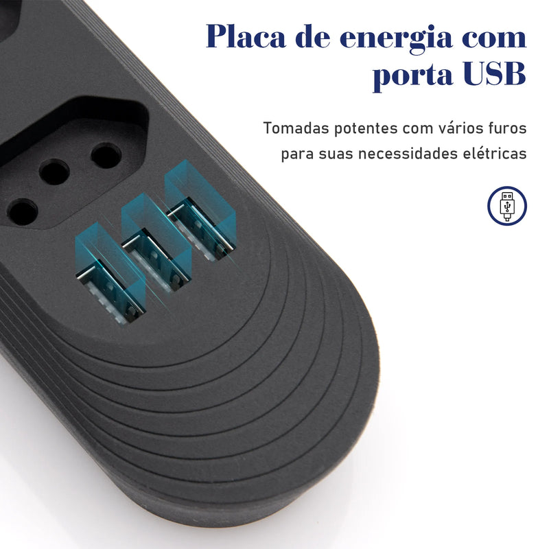 Extensão com 4 Tomadas, Bivolt, 2 Metros, Tomada Preta com 4 Saídas e USB, Régua de Energia, Extensão para Brasil