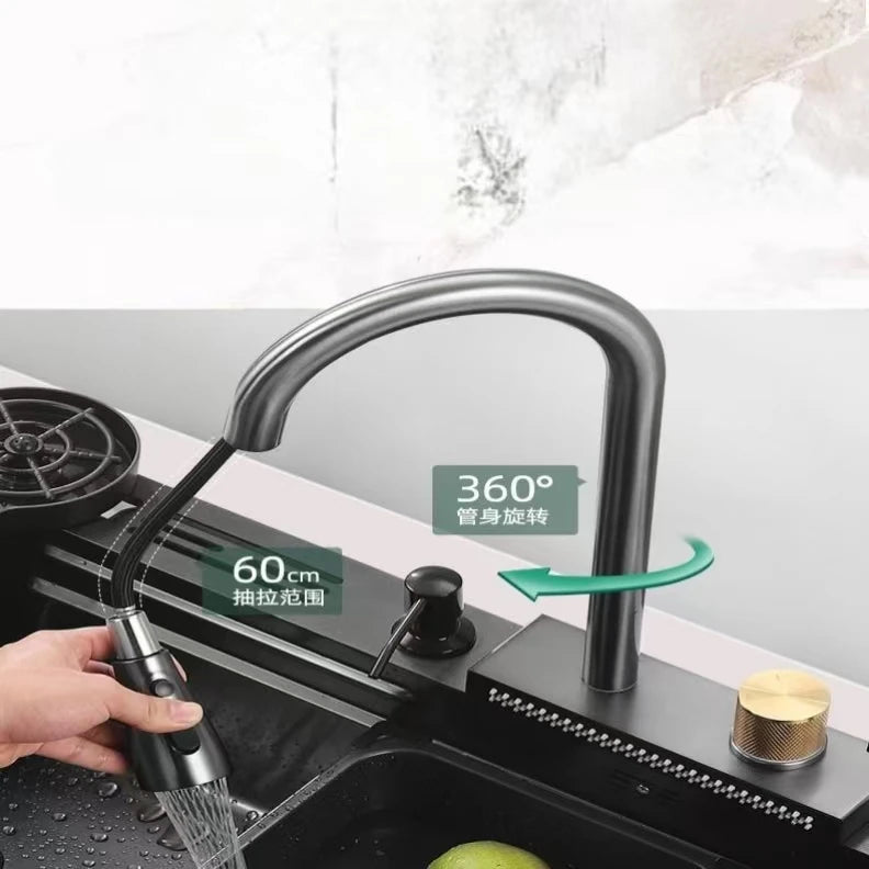 Conjunto de Pia de Cozinha Estiloso em Aço Inox com Copos e Torneira Dourados – Ideal para Preparar Vegetais Frescos!