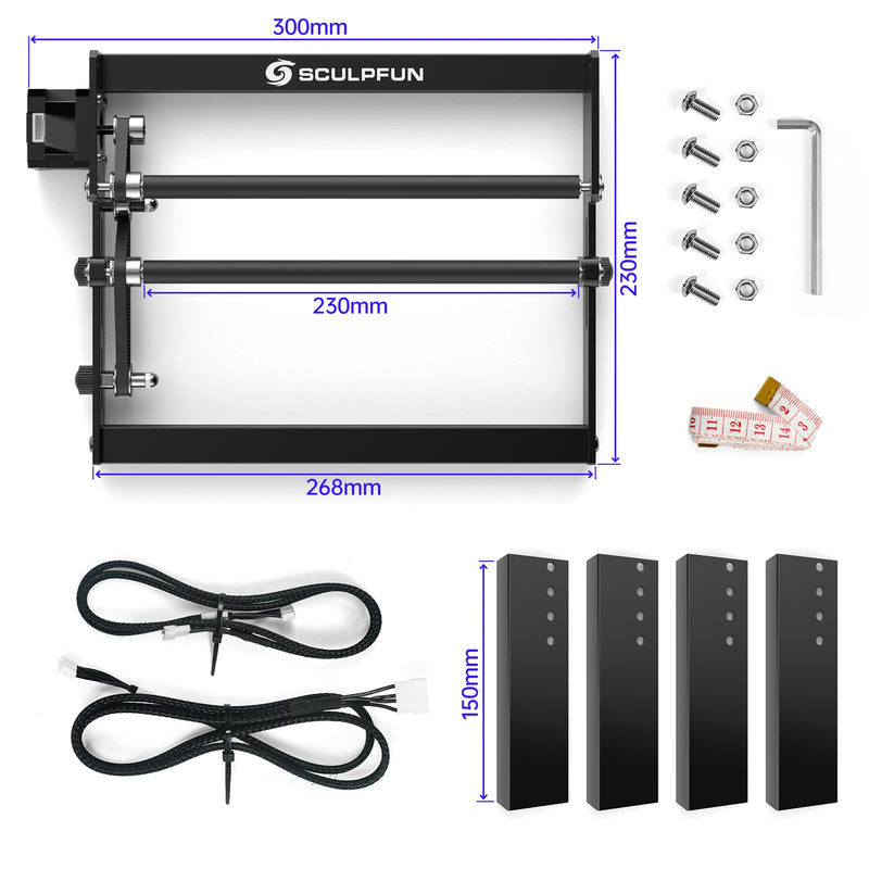 Acessórios para Laser SCULPFUN S9/S10/S30 Kit de Expansão, Mesa de Trabalho Honeycomb, Mandril Rotativo para Laser, Kit de Bico Air Assist