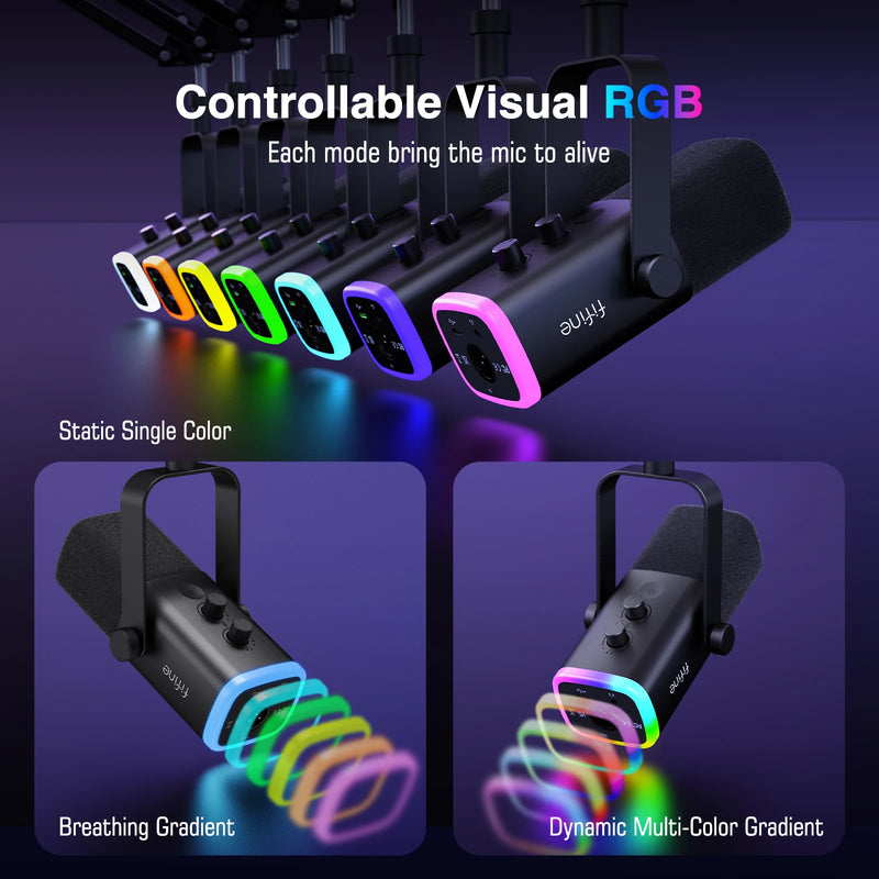 Kit de Microfone Dinâmico FIFINE AM8T XLR – Com Braço Articulado, RGB, Controle de Volume, USB, Para PC e PS4/PS5
