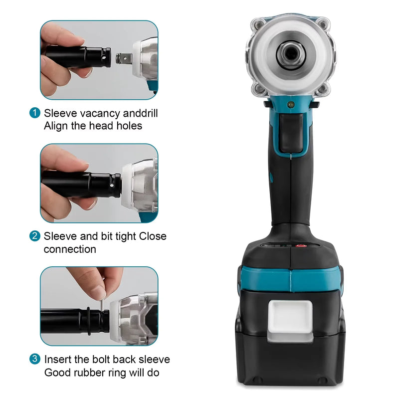 Chave de Impacto Elétrica Brushless Gisam 520N·M, Sem Fio, 1/2 Polegada, Compatível com Bateria Makita 18V, Ferramenta Elétrica para Parafusos