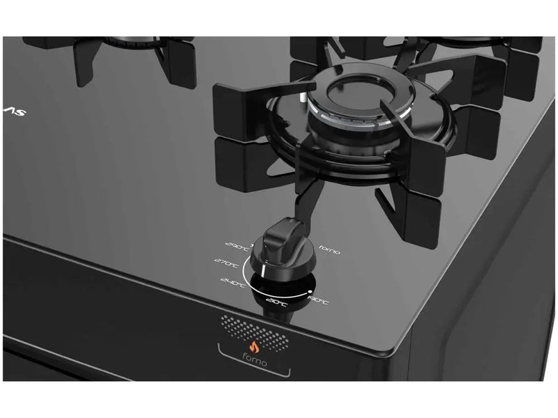 Fogão 5 Bocas Atlas Preto com Mesa de Vidro, Tampo Monaco de Vidro - Bivolt