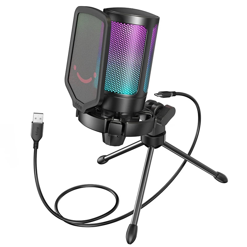 Microfone Gamer FIFINE A6V USB com RGB – Microfone Condensador para PC, Streaming, com Pop Filter, Suporte Anti-Vibração, Controle de Ganho, Plug & Play