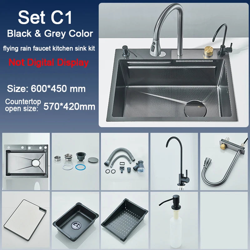 Pia de Cozinha em Aço Inoxidável com Torneira e Display Digital, Cubo Único Grande, Efeito Cascata Chuva, Sistema 5 Funções, Bacia para Louça