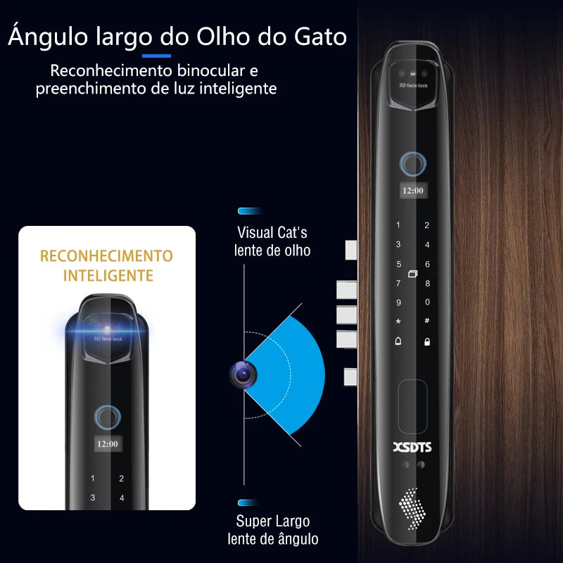 Fechadura Eletrônica Facial XSDTS Wifi, Biométrica, Impressão Digital, Fechadura Inteligente para Porta, Senha, Reconhecimento Facial 3D, Câmera, Fechadura Eletrônica