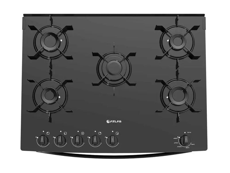Fogão 5 Bocas Atlas Preto com Mesa de Vidro, Tampo Monaco de Vidro - Bivolt