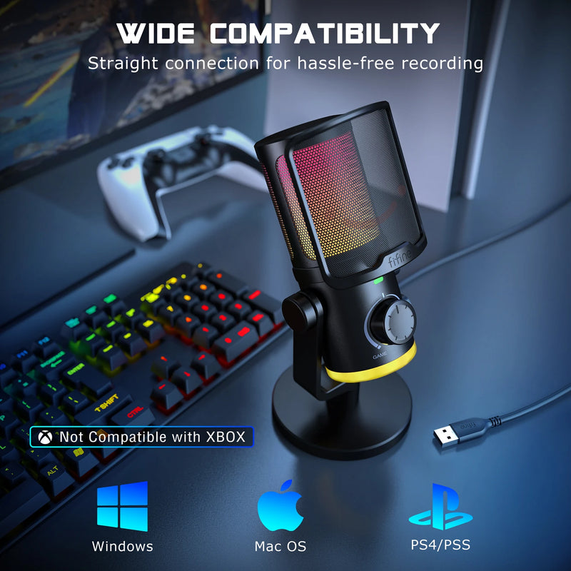 Microfone USB Gamer FIFINE AM6 – Condensador com Cancelamento de Ruído, RGB, Botão de Ganho e Balanço, Ideal para Streaming e Podcast
