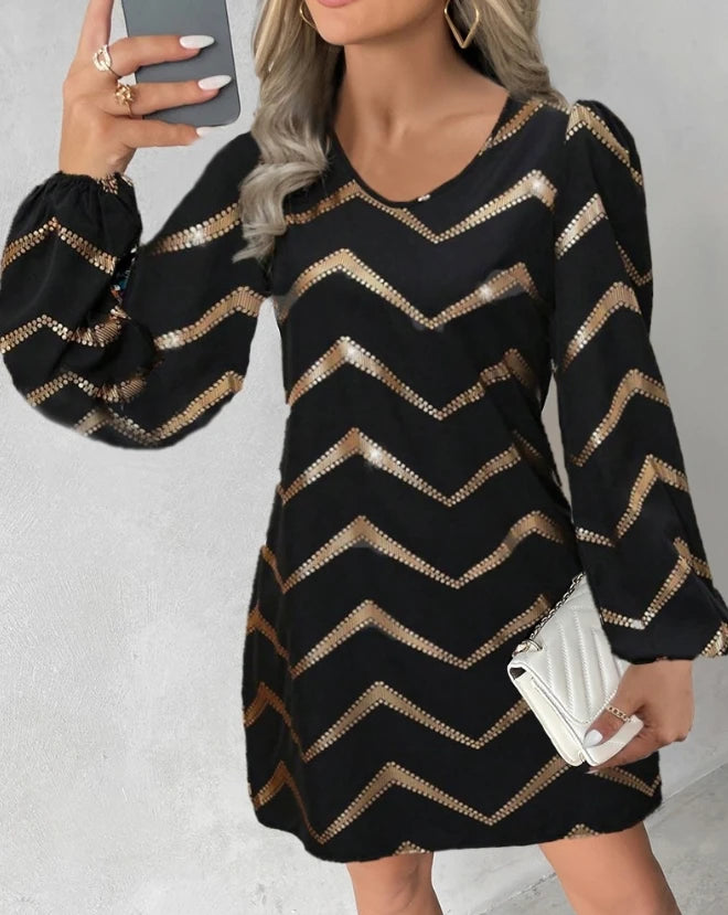 Vestido Feminino – Verão, Estampa Chevron Color Block com Efeito Bronze, Casual, Manga Longa, Moda 2025, Modelo A-Line