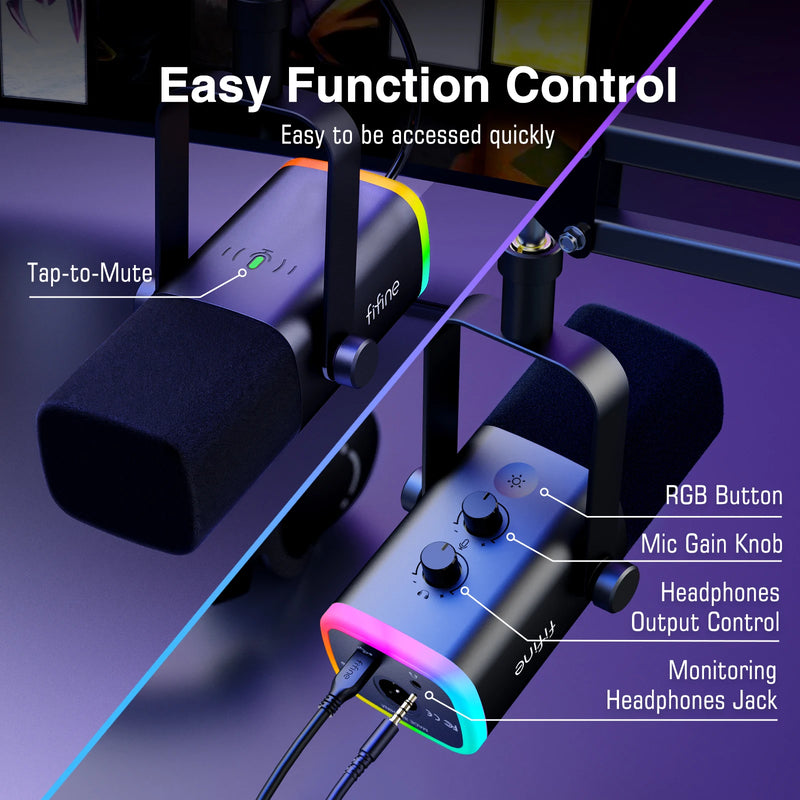 Kit de Microfone Dinâmico FIFINE AM8T XLR – Com Braço Articulado, RGB, Controle de Volume, USB, Para PC e PS4/PS5