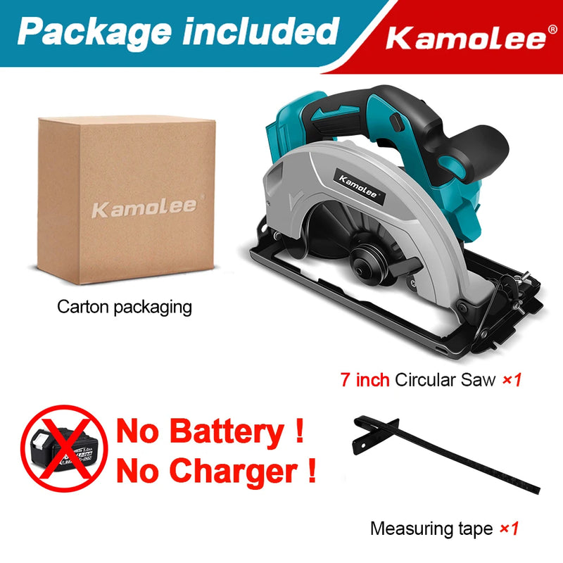 Serra Circular Elétrica Kamolee – 7 polegadas  21V / 6.0Ah / 6000mAh – Para Uso Doméstico e DIY Compatível com baterias de 18V e 21V