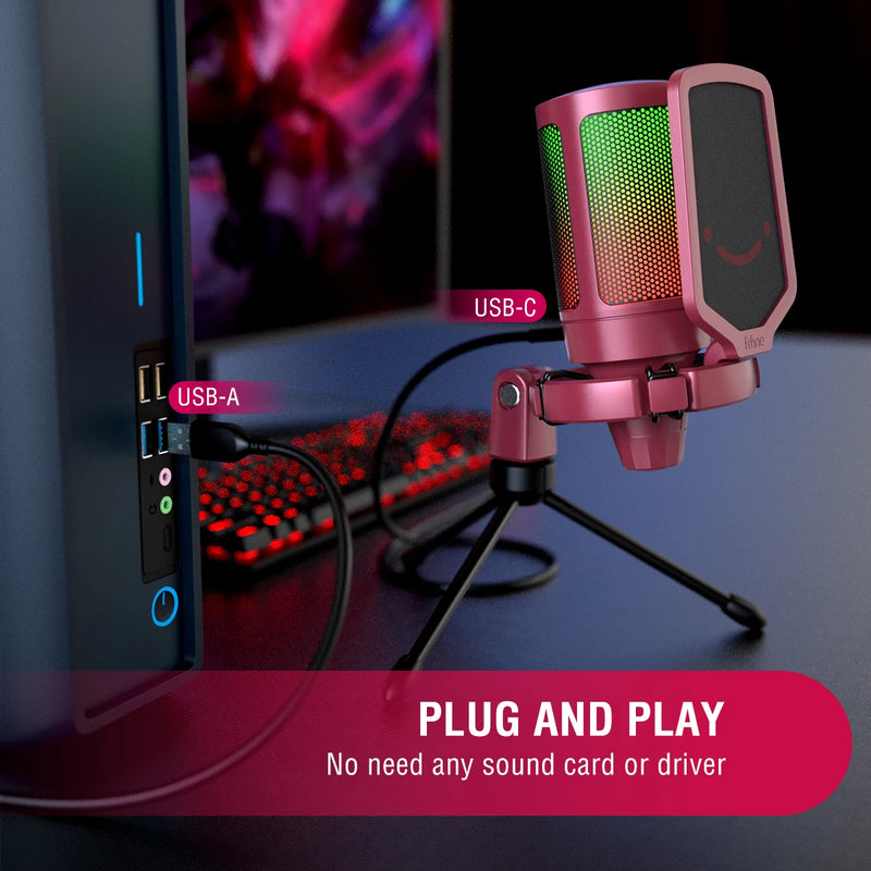 Microfone Gamer FIFINE A6V USB com RGB – Microfone Condensador para PC, Streaming, com Pop Filter, Suporte Anti-Vibração, Controle de Ganho, Plug & Play