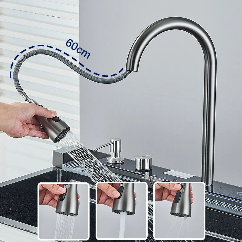 Pia de Cozinha em Aço Inoxidável com Torneira e Display Digital, Cubo Único Grande, Efeito Cascata Chuva, Sistema 5 Funções, Bacia para Louça