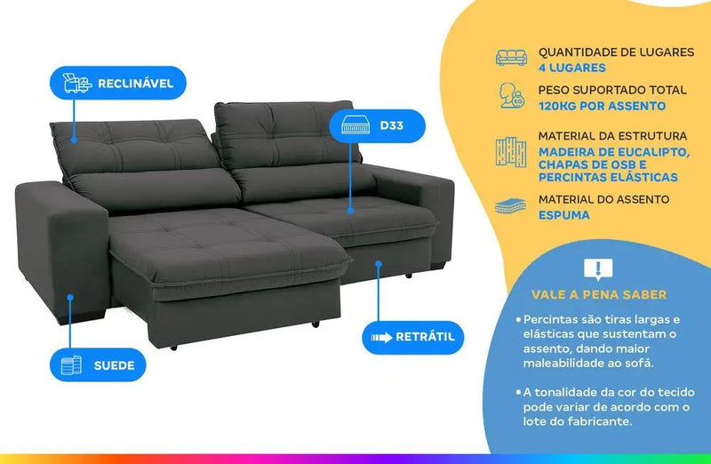 Sofá Reclinável Retrátil 4 Lugares em Suede Brunello Linoforte