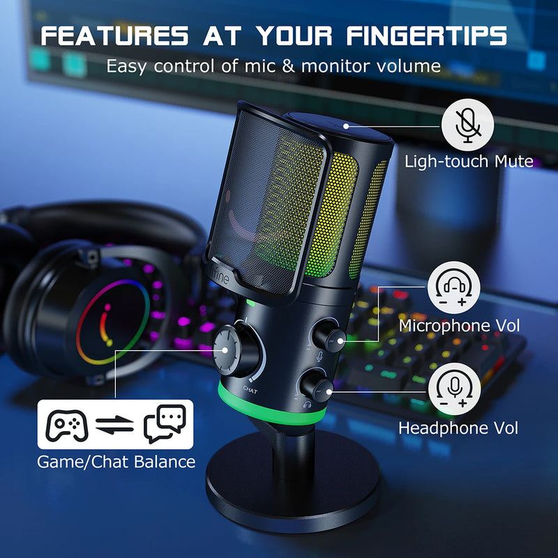Microfone USB Gamer FIFINE AM6 – Condensador com Cancelamento de Ruído, RGB, Botão de Ganho e Balanço, Ideal para Streaming e Podcast