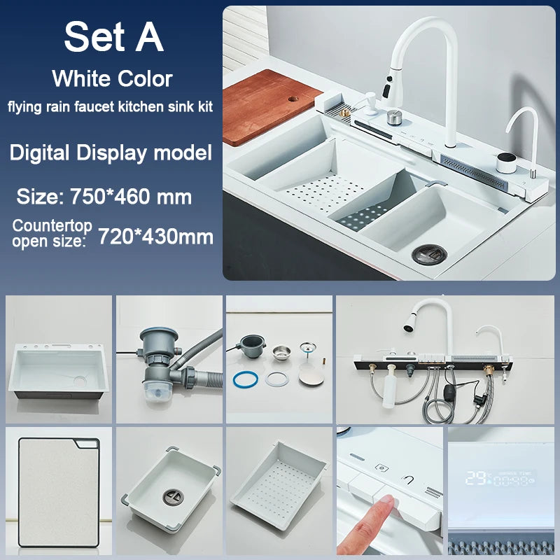 Pia de Cozinha em Aço Inoxidável com Torneira 75x45 cm, Cubo Único Grande, Display Digital, Bacia para Louça, Efeito Cascata, Torneiras de Água Quente e Fria
