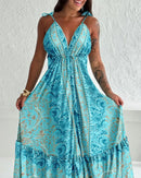 Vestido Feminino 2025 – Primavera/Verão, Última Moda, Estampa Floral, Decote V, Amarração, Alças Finas, Maxi Dress, Casual, Modelo A-Line com Saia Longa Franzida